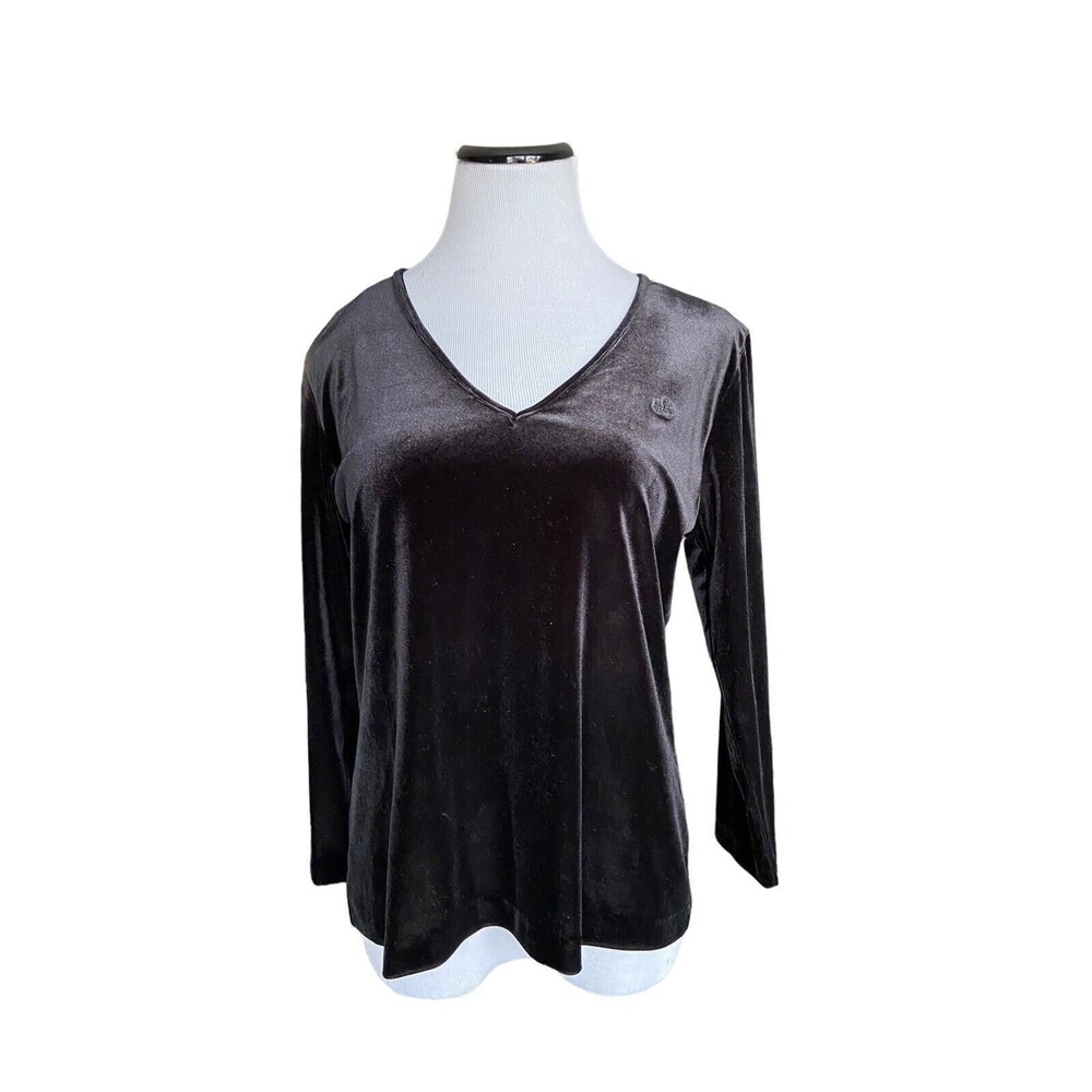 Lauren Ralph Lauren Womens Velvet V-Neck Top‎ Size L Black Monogram Logo Holiday